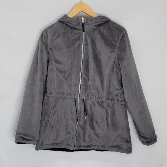 UNBRANDED Reversible Black Rain material to Gray fuzzy material hooded zip up - Picture 8 of 16